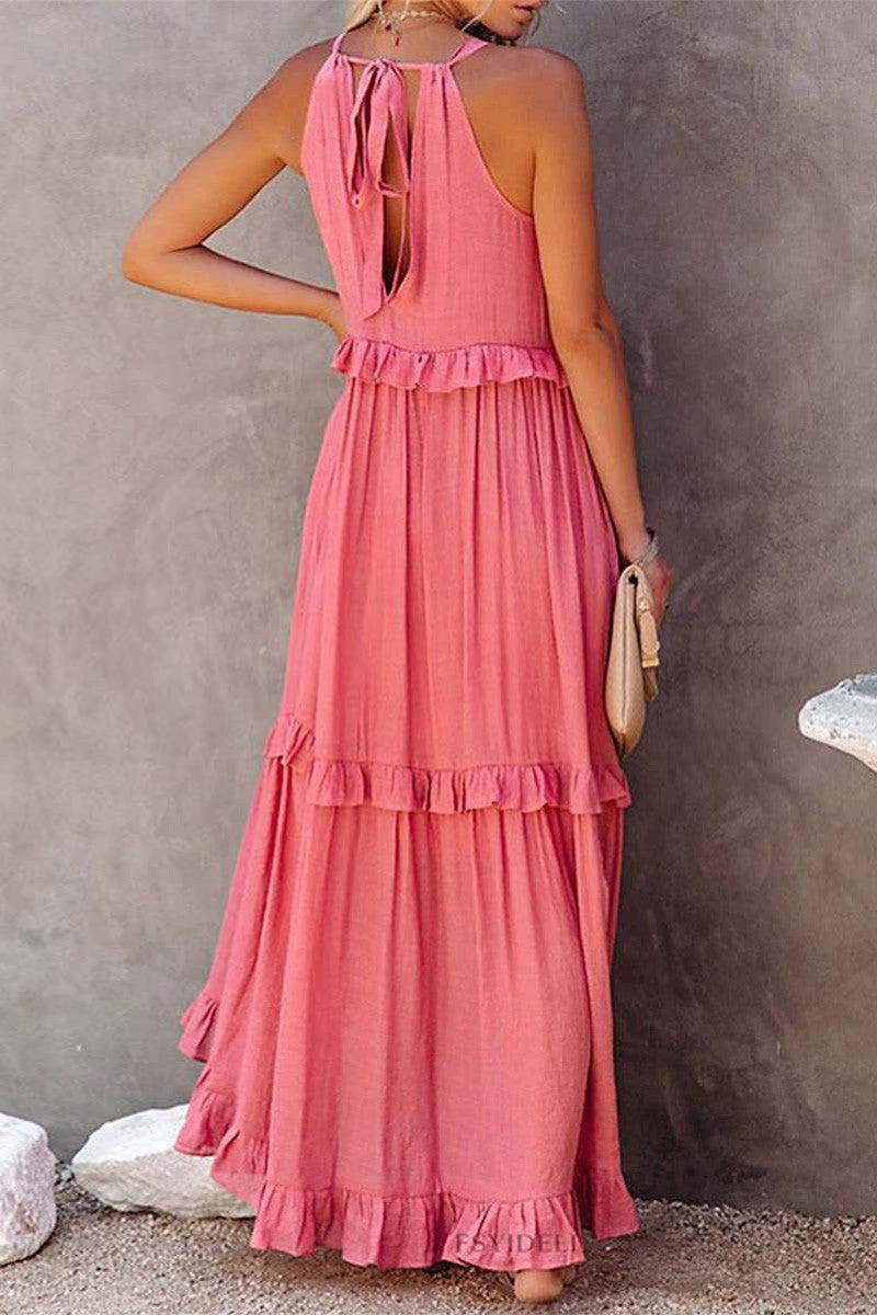 Solid Color Ruffle Hem Maxi Dress