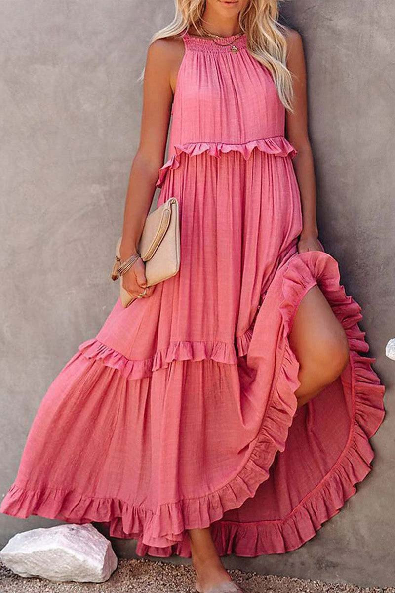 Solid Color Ruffle Hem Maxi Dress